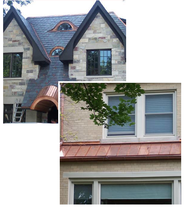 Copper roof on white residential home / Tile roof on residential home